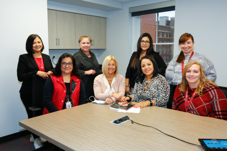 Standing from left to right: Adelina Rivera, Bilingual Language Acquisition District Facilitator; Jean Murphy, Language Acquisition Facilitator; Angelica Corral, Language Acquisition Elementary Coordinator; and Lauren Ligammari, World Language Coordinator.
Seated from left to right: Laura Sandoval, Language Acquisition Services Coordinator-Secondary; Dr. Sandra Mercuri; Dr. Rita Guzman, Executive Director of Language Acquisition & Early Learning; and Tina Clement, Assistant Director of Language Acquisition.
