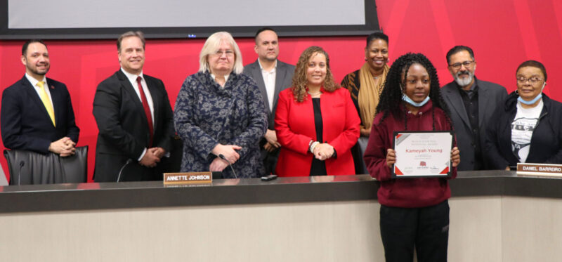 Board of Education members with the district's State Qualifier, Kameyah Young