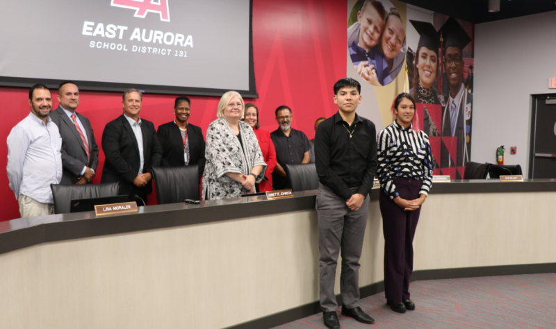 Board of Education and Superintendent Dr. Jennifer Norrell, with the new Student Board Members, Arturo Samano and Daniela Arredondo