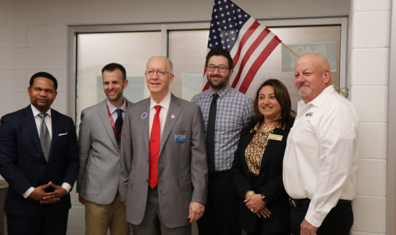 City of Aurora Mayor Richard C. Irvin, East Aurora High School Division Chair for World Cultures Kelly Henkel, Congressman Bill Foster, Plainfield East Teacher Dan Vergo, Bolingbrook Mayor Mary Alexander-Basta, and North Aurora Village President Mark Gaffino