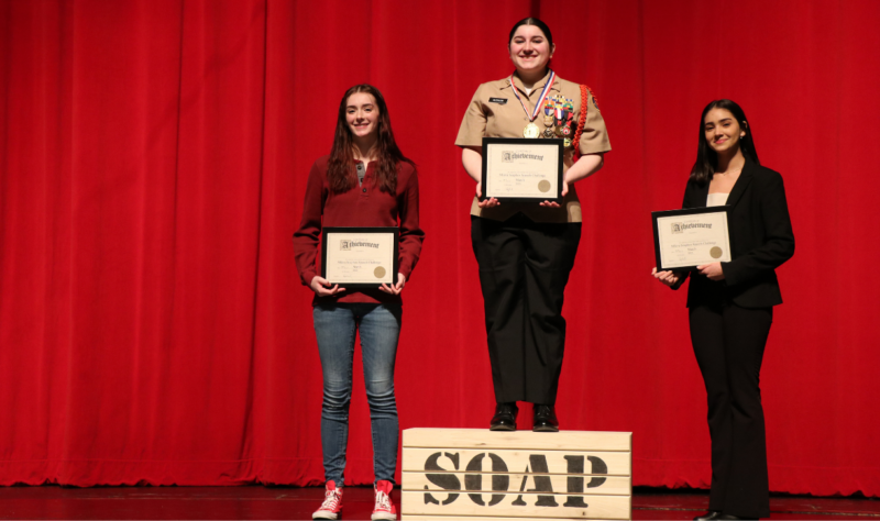 From left to right: Ana Badon from Plainfield East High School took second place, EAHS first place winner Grace Alcalde, and Javiana Amado took home the student choice award