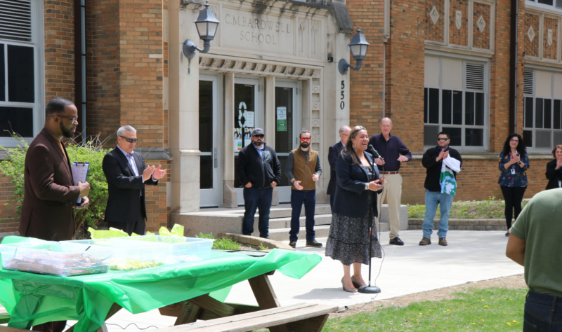 Dr. Jennifer Norrell, Superintendent of EASD 131, speaking at the Bardwell Arbor Day tree planting. 