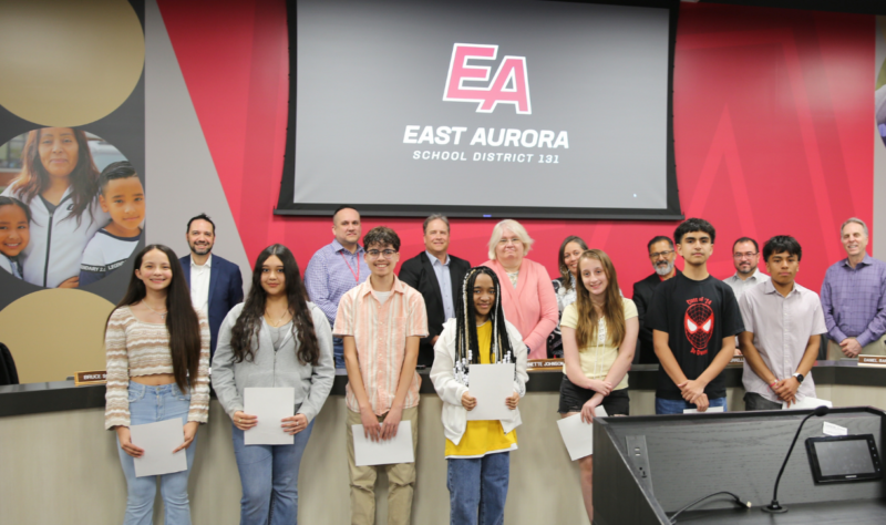 FRMA Poets at Board of Education Meeting. Pictured from left to right: Daniela Martinez Rangel, Valeria Pinedo Gonzalez, AJ Fernandez Lopez, Kayla Haynes, Sadie Beavers, Marcel Diaz, Francisco Morales