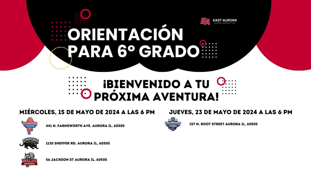 ¡Bienvenido a tu próxima aventura! ¡Únete a nosotros para una emocionante Noche de Orientación diseñada únicamente para nuestros futuros estudiantes de 6º grado! Descubre lo que hace que cada una de nuestras escuelas sea única y prepárate para un comienzo fantástico en tu trayecto por la escuela secundaria. ¡Tanto los padres como los estudiantes son bienvenidos! Miércoles, 15 de mayo de 2024 a las 6 PM Qué esperar: ¡Conoce a tus futuros maestros y compañeros de clase! Explora nuestros salones de clase e instalaciones. Conoce nuestros emocionantes programas y clubes. Obtén información importante sobre el próximo año escolar. Sesión de preguntas y respuestas para responder a todas tus dudas. No te pierdas esta oportunidad para avanzar hacia tu futuro con confianza y entusiasmo. Estamos ansiosos por darte la bienvenida y mostrarte todas las cosas increíbles que te esperan en el próximo capítulo de tu trayecto educativo. ¡Nos vemos allá!