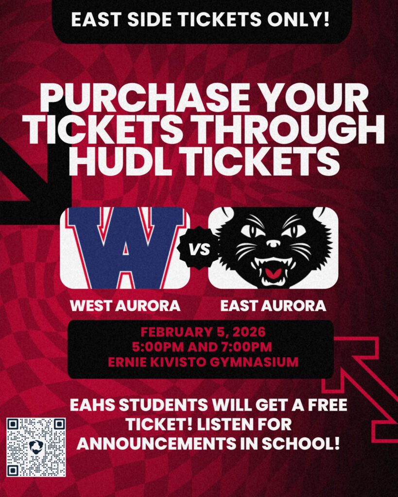 Promotional graphic for a sports matchup between West Aurora and East Aurora on a red patterned background. At the top, a black banner reads "EAST SIDE TICKETS ONLY!" followed by large white text: "PURCHASE YOUR TICKETS THROUGH HUDL TICKETS." In the center, the West Aurora "W" logo is shown next to the East Aurora Tomcat mascot with "vs" in between. A black box below lists the event details: "FEBRUARY 5, 2026," "5:00PM AND 7:00PM," and "ERNIE KIVISTO GYMNASIUM." At the bottom, white text states, "EAHS STUDENTS WILL GET A FREE TICKET! LISTEN FOR ANNOUNCEMENTS IN SCHOOL!" A QR code for ticket access is located in the bottom left corner.