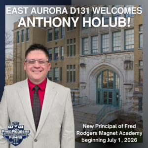 A promotional graphic welcoming Anthony Holub as the new principal of Fred Rodgers Magnet Academy starting July 1, 2026.