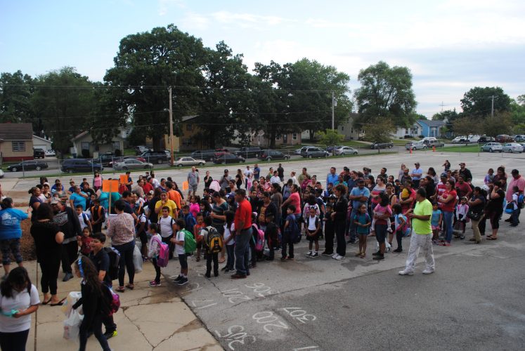 Students lined up with their teacher.