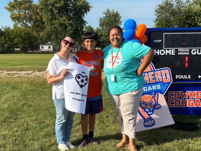 Angel Soto with Ms. Botnari and Ms. Baker Val