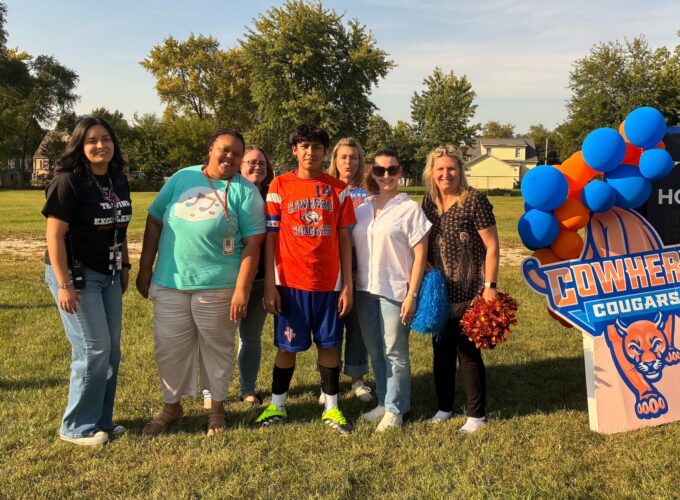 Emmanuel Urvina with Ms. Lopez, Ms. Baker Val, Ms. Gonzalez, Ms. Ahng, Ms. Botnari, and Dr. O'Brien