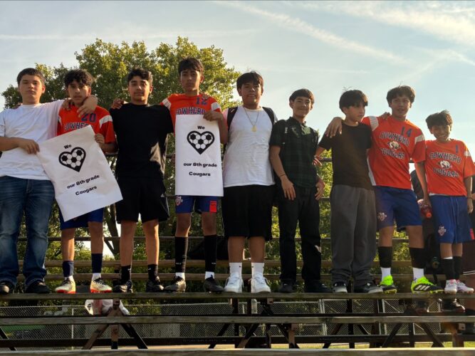 Emanuel Lopez Moreno, Omar Aguirre, Emmanuel Urvina, and Julius Ramirez with Cowherd Students