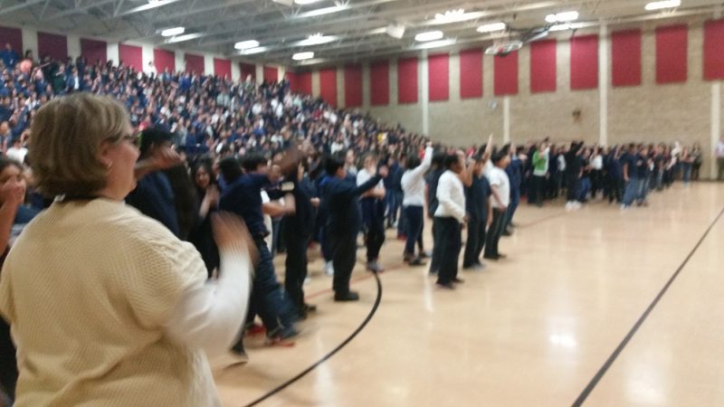 Students and teachers celebrating 