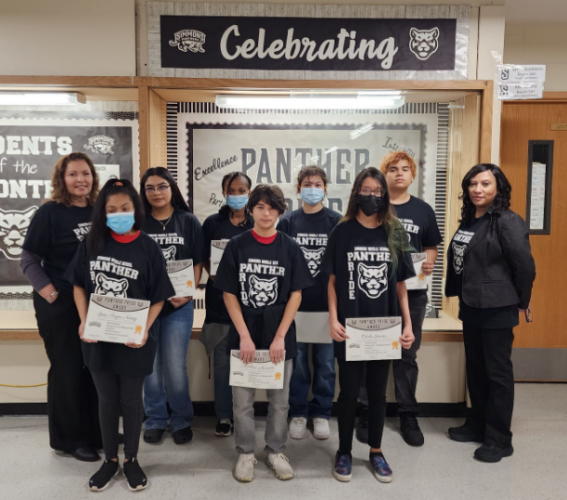 Principals Carrillo and Patterson.   Grade 8 Students: Caiden A. (missing), Odalis G., Verely J. S., Juan L., Matthew M., Daisy O.,  Gina R. N. and Leona W. 