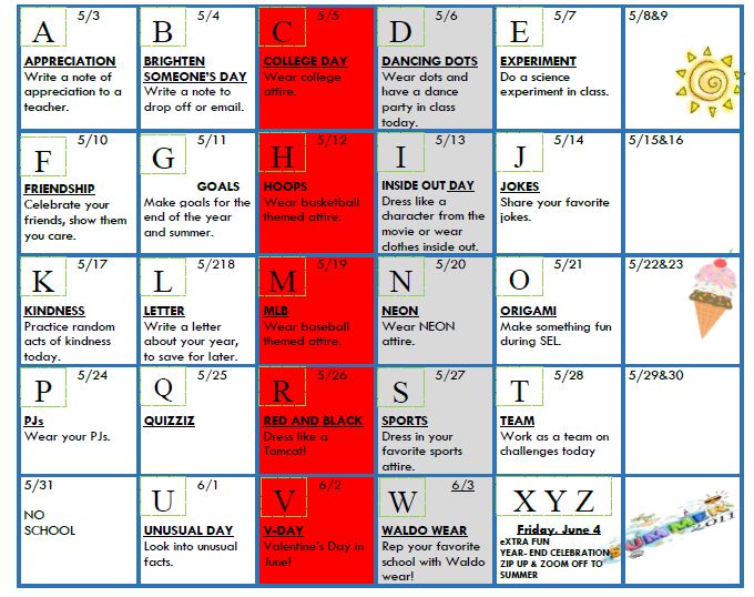 District 131 Waldo's ABC Countdown to Summer Calendar